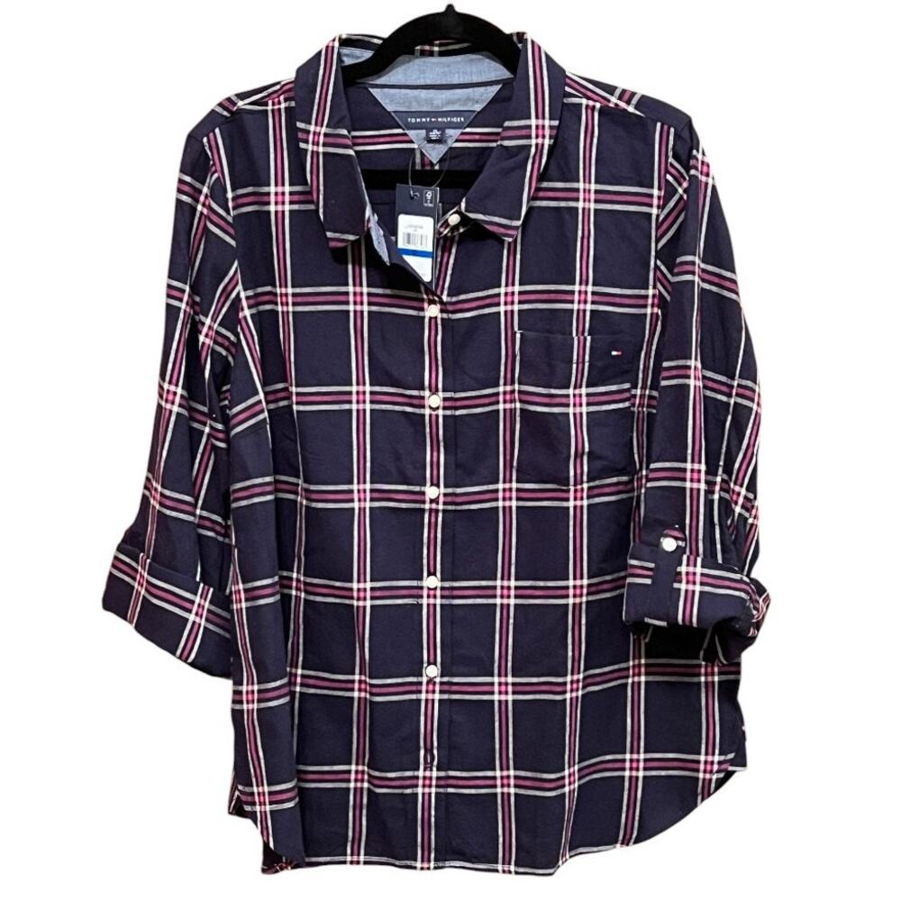 Tommy Hilfiger Long Sleeve Button Up Roll Tab Top Size XL